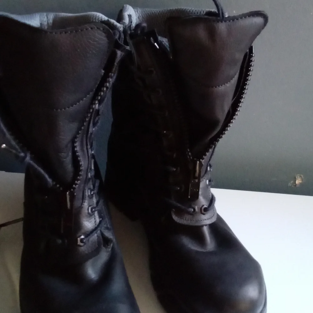 Black Leather Combat Boots Side Zip Lace Up Chunky Sole Work Military Style Mens